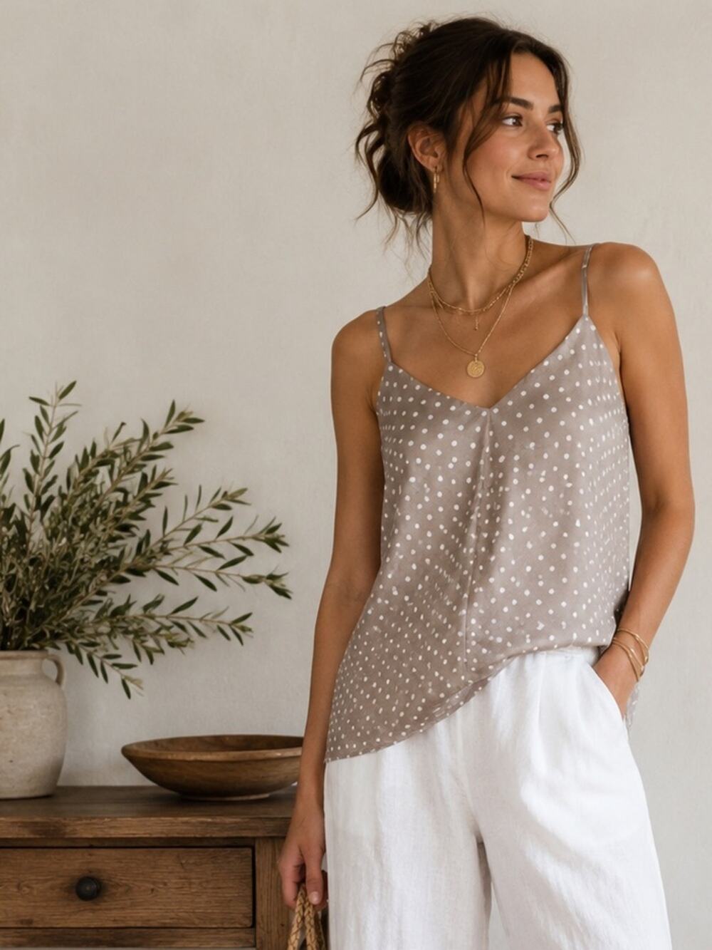 Banana Republic Heritage Polka Dot Tank Top Silk Camisole Taupe Size M